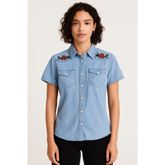 PacSun Denim Western Shirt Medium Embroidered Roses - Picture 1 of 8